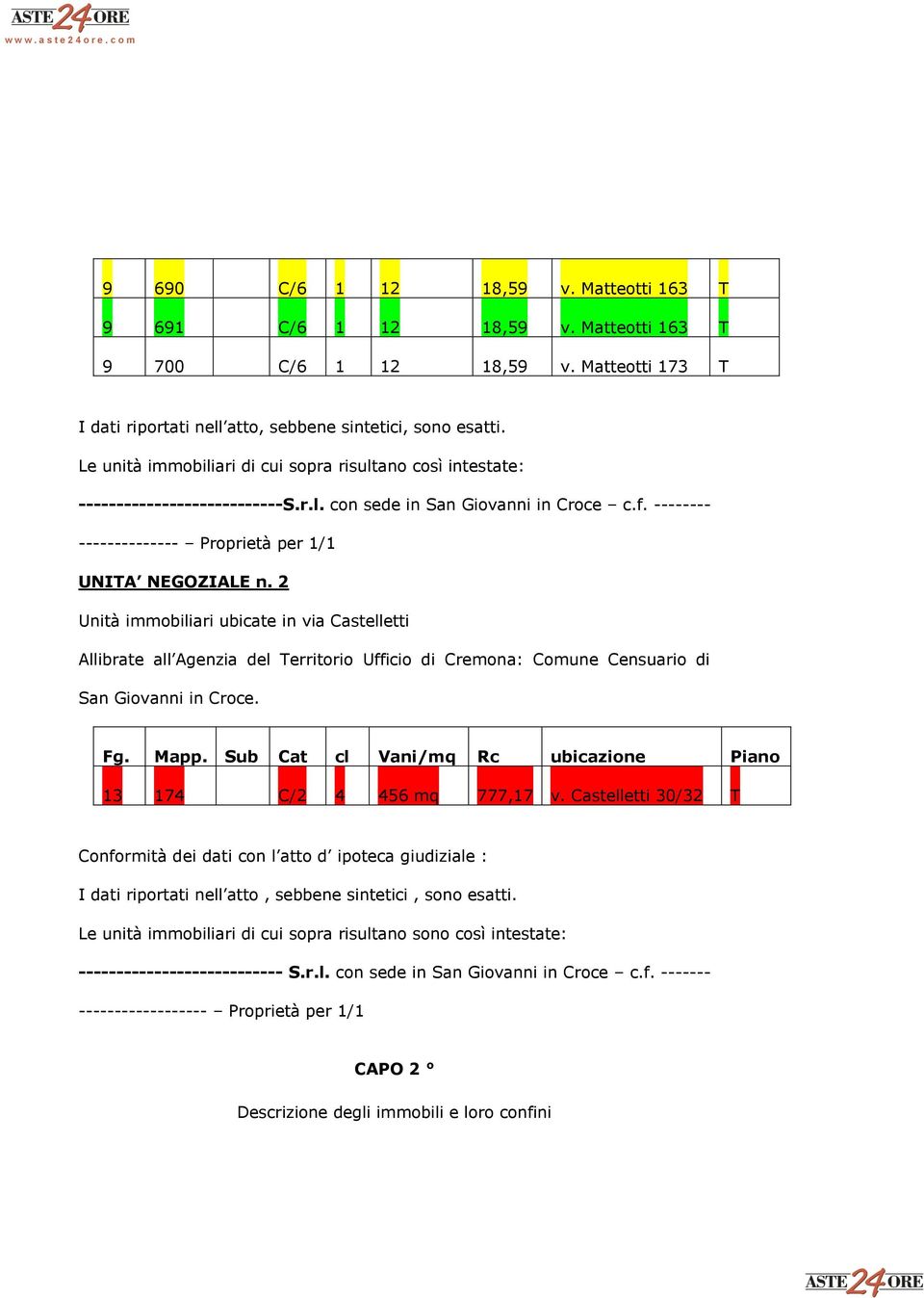 2 Unità immobiliari ubicate in via Castelletti Allibrate all Agenzia del Territorio Ufficio di Cremona: Comune Censuario di San Giovanni in Croce. Fg. Mapp.