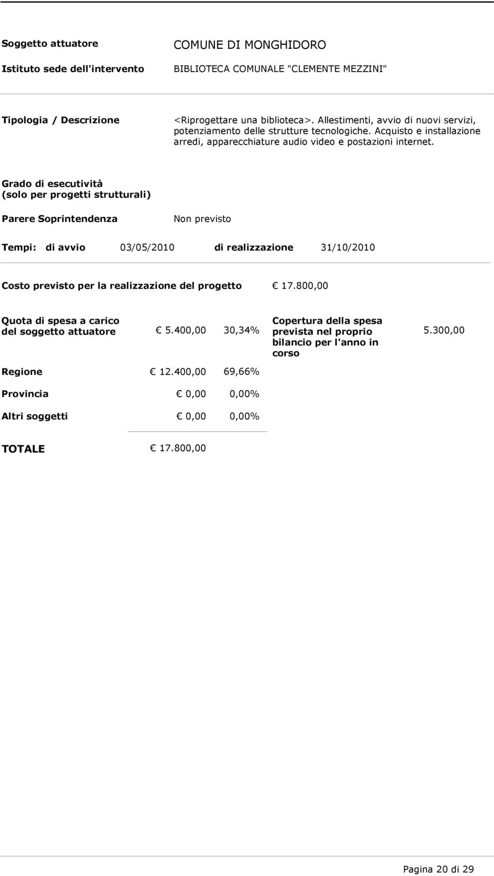 Acquisto e installazione arredi, apparecchiature audio video e postazioni internet.