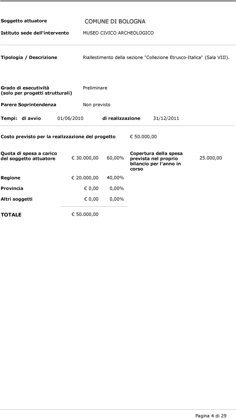 Preliminare 01/06/2010 di realizzazione 31/12/2011 Costo previsto per la