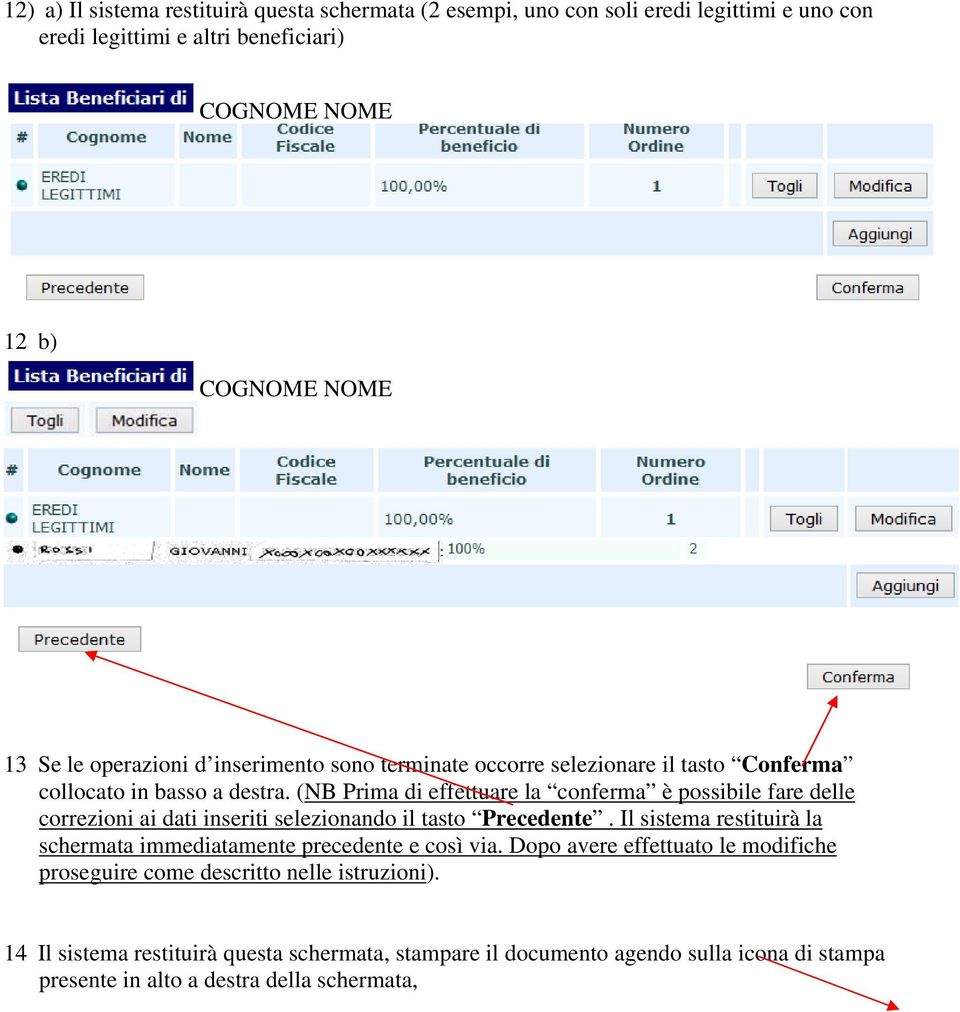 (NB Prima di effettuare la conferma è possibile fare delle correzioni ai dati inseriti selezionando il tasto Precedente.