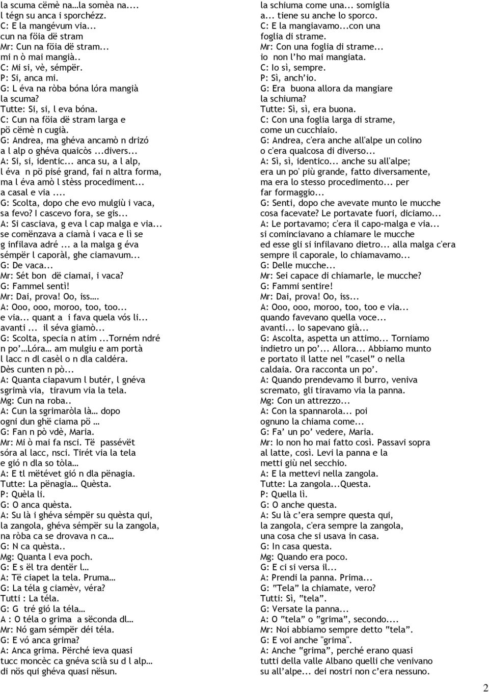 .. A: Si, si, identic... anca su, a l alp, l éva n pö pisé grand, fai n altra forma, ma l éva amò l stèss procediment... a casal e via... G: Scolta, dopo che evo mulgiù i vaca, sa fevo?