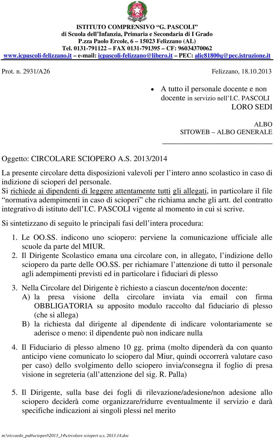 IOPERO A.S. 2013/2014 A tutto il personale docente e non docente in servizio nell I.C.