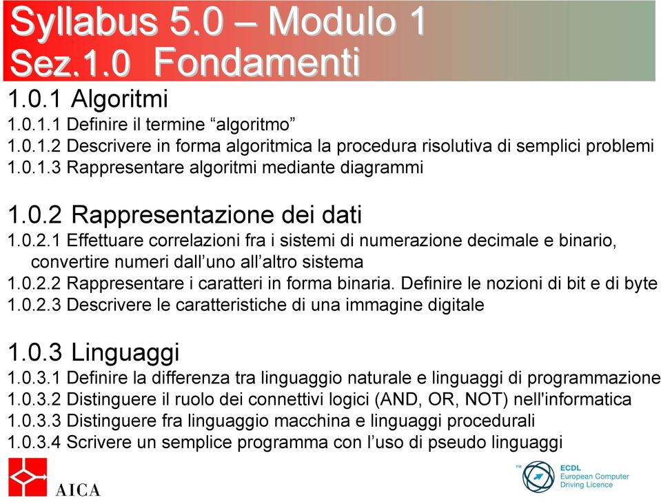 Definire le nozioni di bit e di byte 1.0.2.3 Descrivere le caratteristiche di una immagine digitale 1.0.3 Linguaggi 1.0.3.1 Definire la differenza tra linguaggio naturale e linguaggi di programmazione 1.