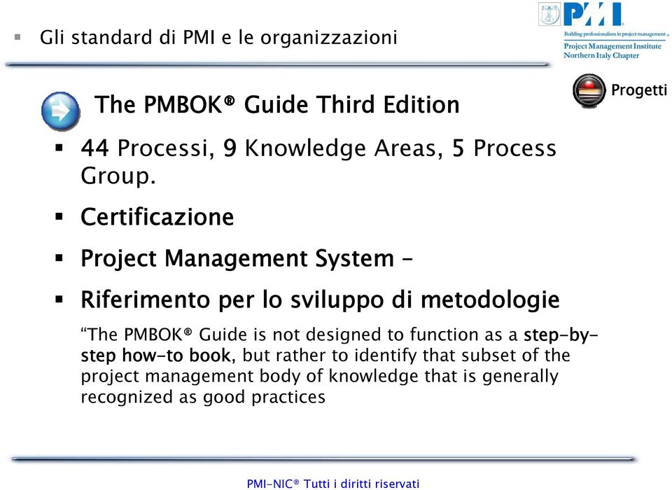 Certificazione Project Management System Riferimento per lo sviluppo di metodologie The PMBOK Guide is