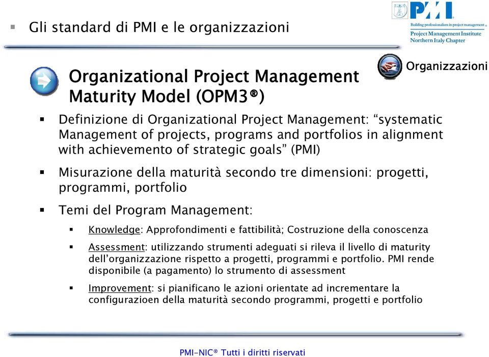 Approfondimenti e fattibilità; Costruzione della conoscenza Assessment: utilizzando strumenti adeguati si rileva il livello di maturity dell organizzazione rispetto a progetti, programmi e portfolio.