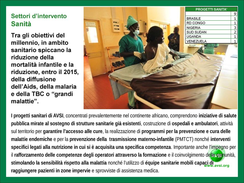 BRASILE RD CONGO NIGERIA SUD SUDAN UGANDA VENEZUELA 9 3 2 I progetti sanitari di AVSI, concentrati prevalentemente nel continente africano, comprendono iniziative di salute pubblica mirate al