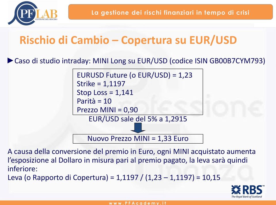 Nuovo Prezzo MINI = 1,33 Euro A causa della conversione del premio in Euro, ogni MINI acquistato aumenta l esposizione al