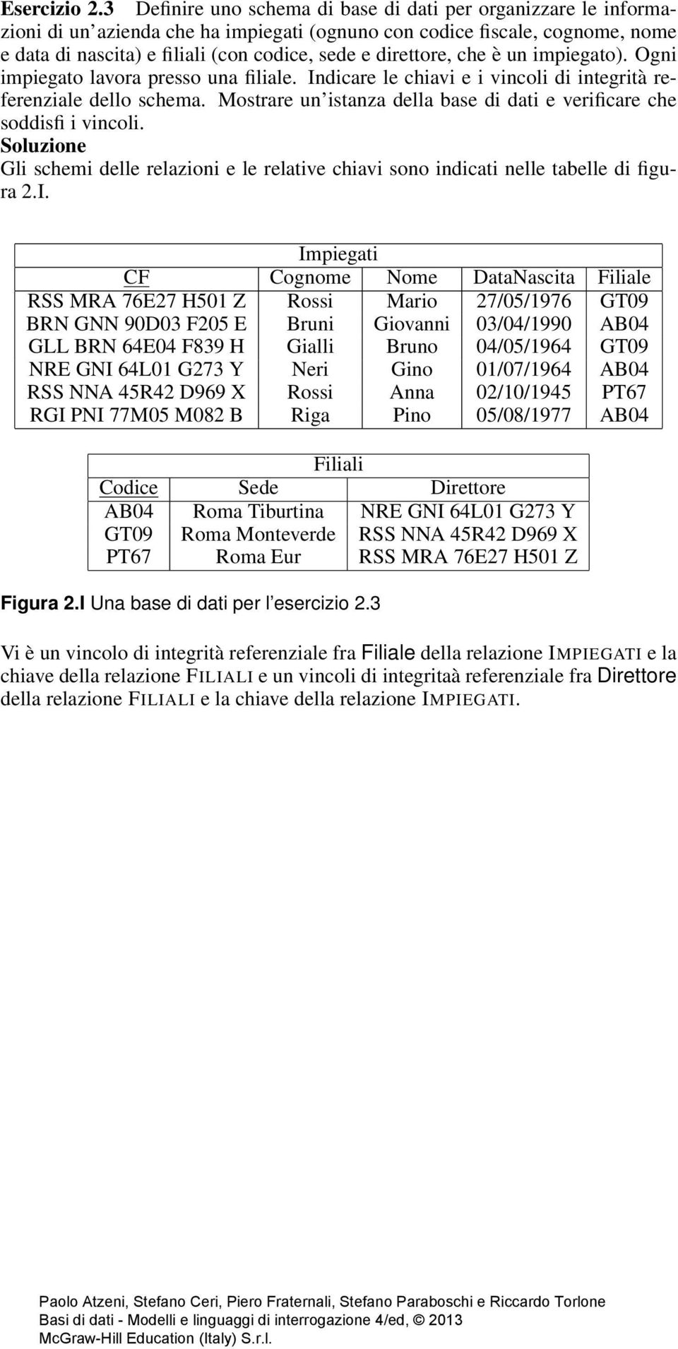 direttore, che è un impiegato). Ogni impiegato lavora presso una filiale. Indicare le chiavi e i vincoli di integrità referenziale dello schema.