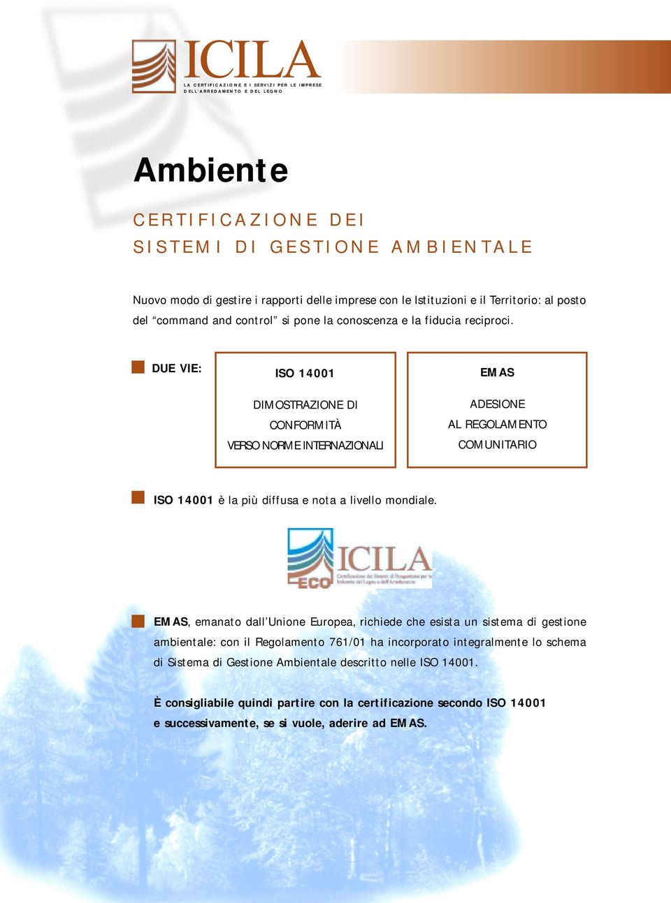 DUE VIE: ISO 14001 DIMOSTRAZIONE DI CONFORMITÀ VERSO NORME INTERNAZIONALI EMAS ADESIONE AL REGOLAMENTO COMUNITARIO ISO 14001 è la più diffusa e nota a livello mondiale.