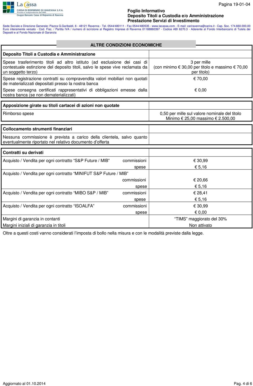 certificati rappresentativi di obbligazioni emesse dalla nostra banca (se non dematerializzati) 3 per mille (con minimo 30,00 per titolo e massimo 70,00 per titolo) 70,00 0,00 Apposizione girate su