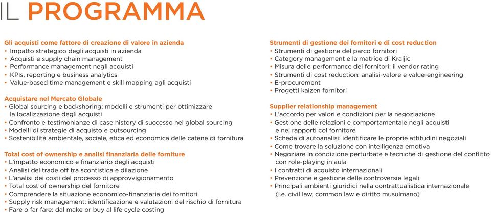 localizzazione degli acquisti Confronto e testimonianze di case history di successo nel global sourcing Modelli di strategie di acquisto e outsourcing Sostenibilità ambientale, sociale, etica ed