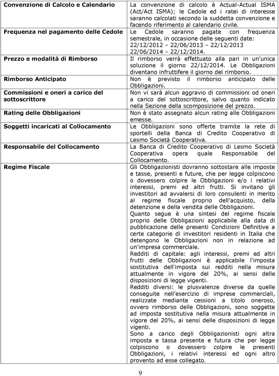 Frequenza nel pagamento delle Cedole Le Cedole saranno pagate con frequenza semestrale, in occasione delle seguenti date: 22/12/2012 22/06/2013 22/12/2013 22/06/2014 22/12/2014.