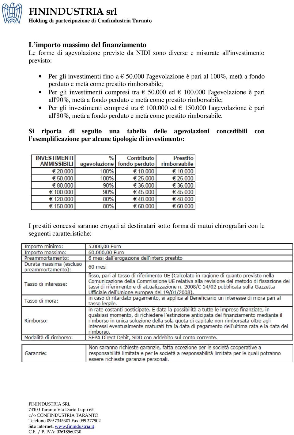 000 l'agevolazione è pari all'90%, metà a fondo perduto e metà come prestito rimborsabile; Per gli investimenti compresi tra 100.000 ed 150.