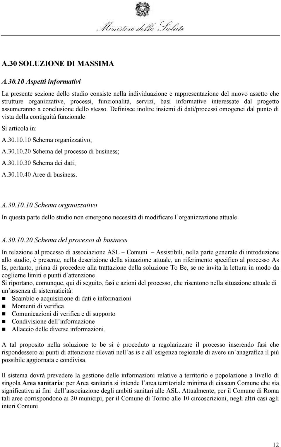 Definisce inoltre insiemi di dati/processi omogenei dal punto di vista della contiguità funzionale. Si articola in: A.30.10.10 Schema organizzativo; A.30.10.20 Schema del processo di business; A.30.10.30 Schema dei dati; A.