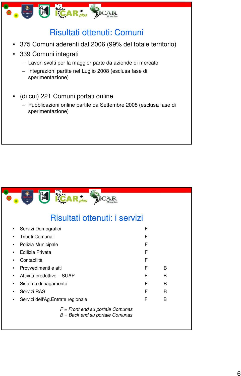 di sperimentazione) Risultati ottenuti: i servizi ervizi Demografici F Tributi Comunali F Polizia Municipale F Edilizia Privata F Contabilità F Provvedimenti e atti F