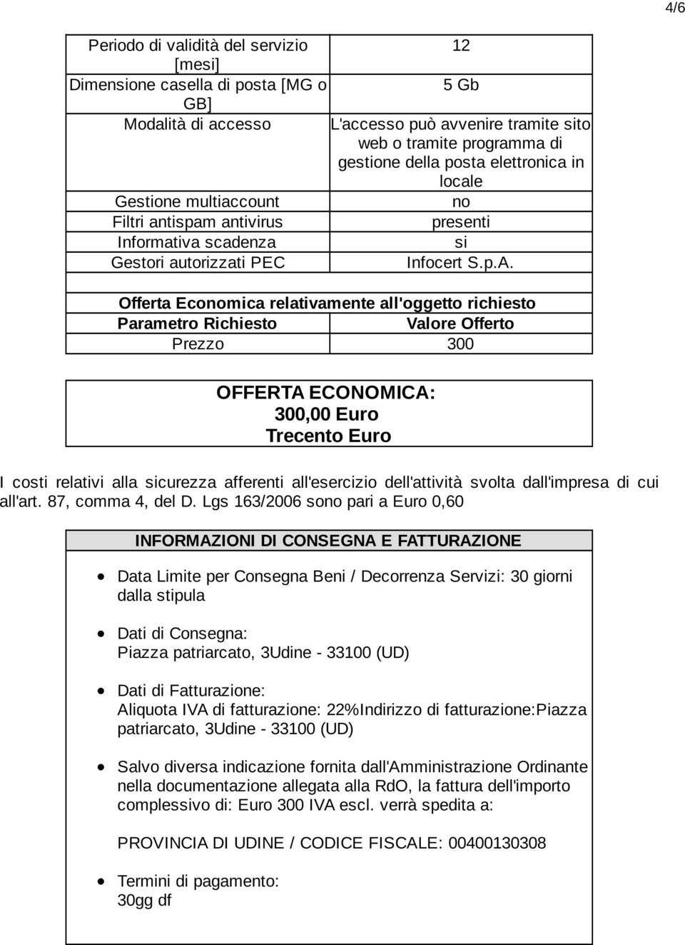 Offerta Economica relativamente all'oggetto richiesto Parametro Richiesto Valore Offerto Prezzo 300 OFFERTA ECONOMICA: 300,00 Euro Trecento Euro I costi relativi alla sicurezza afferenti