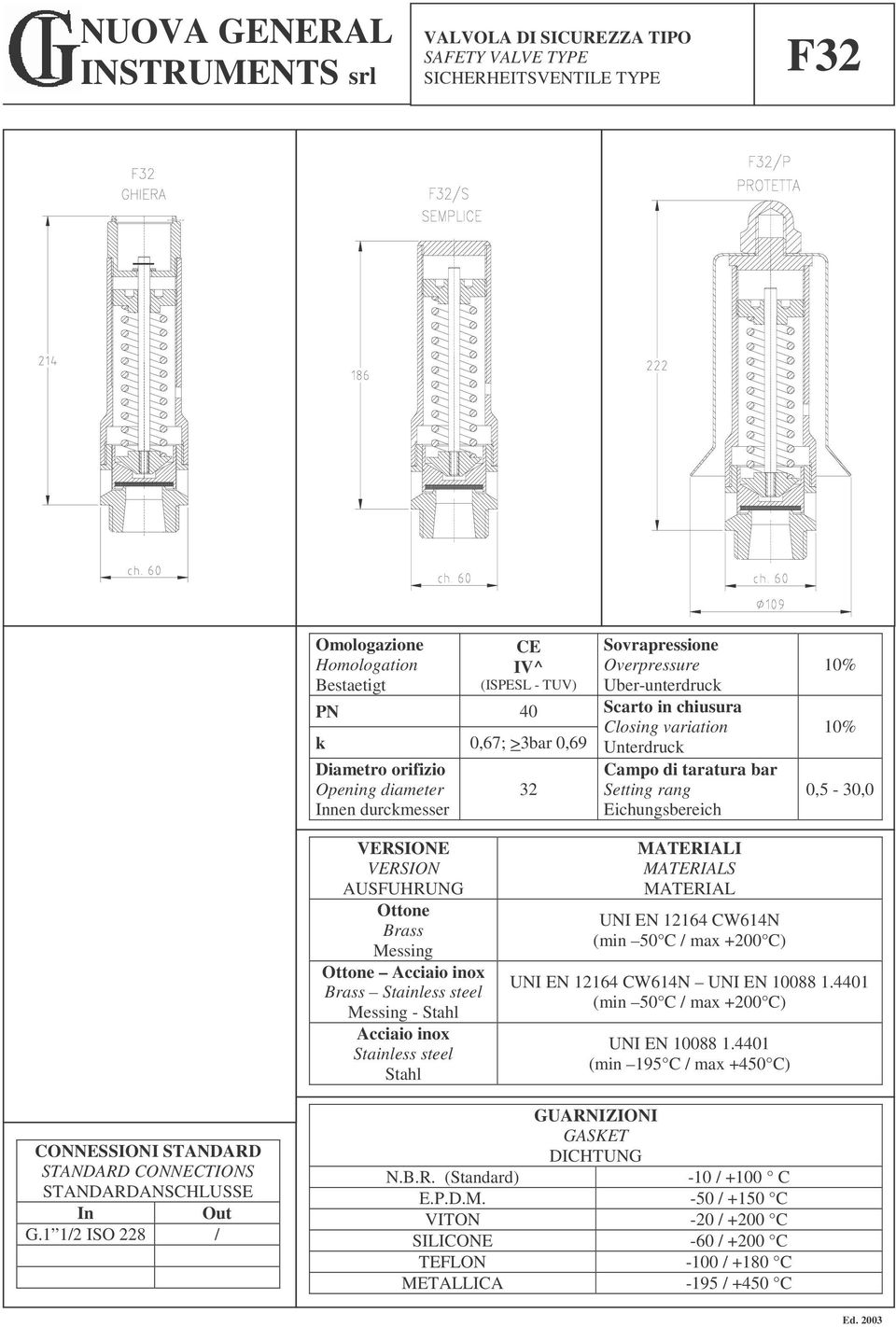 Stahl Acciaio inox Stainless steel Stahl MATERIALI MATERIALS MATERIAL UNI EN 12164 CW614N UNI EN 12164 CW614N UNI EN 10088 1.4401 UNI EN 10088 1.