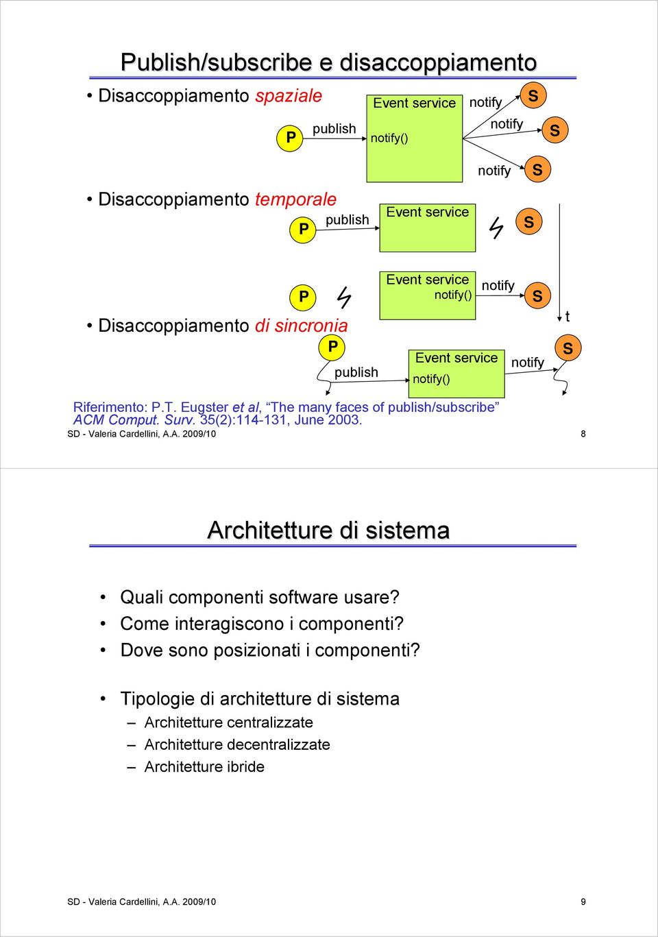 Eugster et al, The many faces of publish/subscribe ACM Comput. Surv. 35(2):114-131, June 2003. SD - Valeria Cardellini, A.A. 2009/10 8 Architetture di sistema Quali componenti software usare?