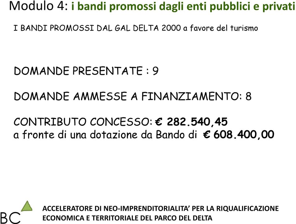 FINANZIAMENTO: 8 CONTRIBUTO CONCESSO: 282.