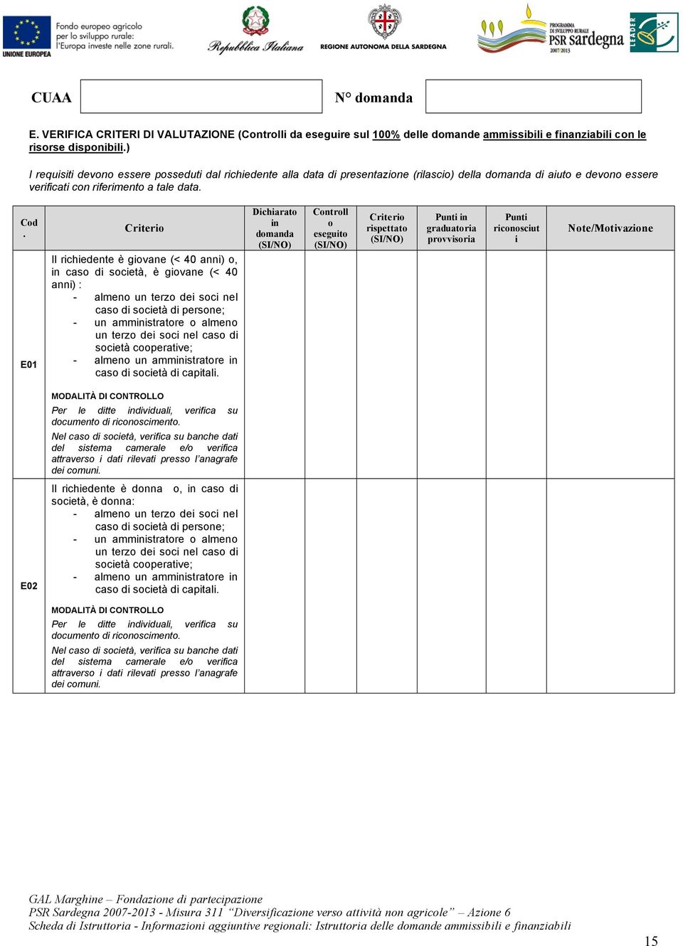 E01 Il richiedente è giovane (< 40 anni) o, in caso di società, è giovane (< 40 anni) : - almeno un terzo dei soci nel caso di società di persone; - un amministratore o almeno un terzo dei soci nel