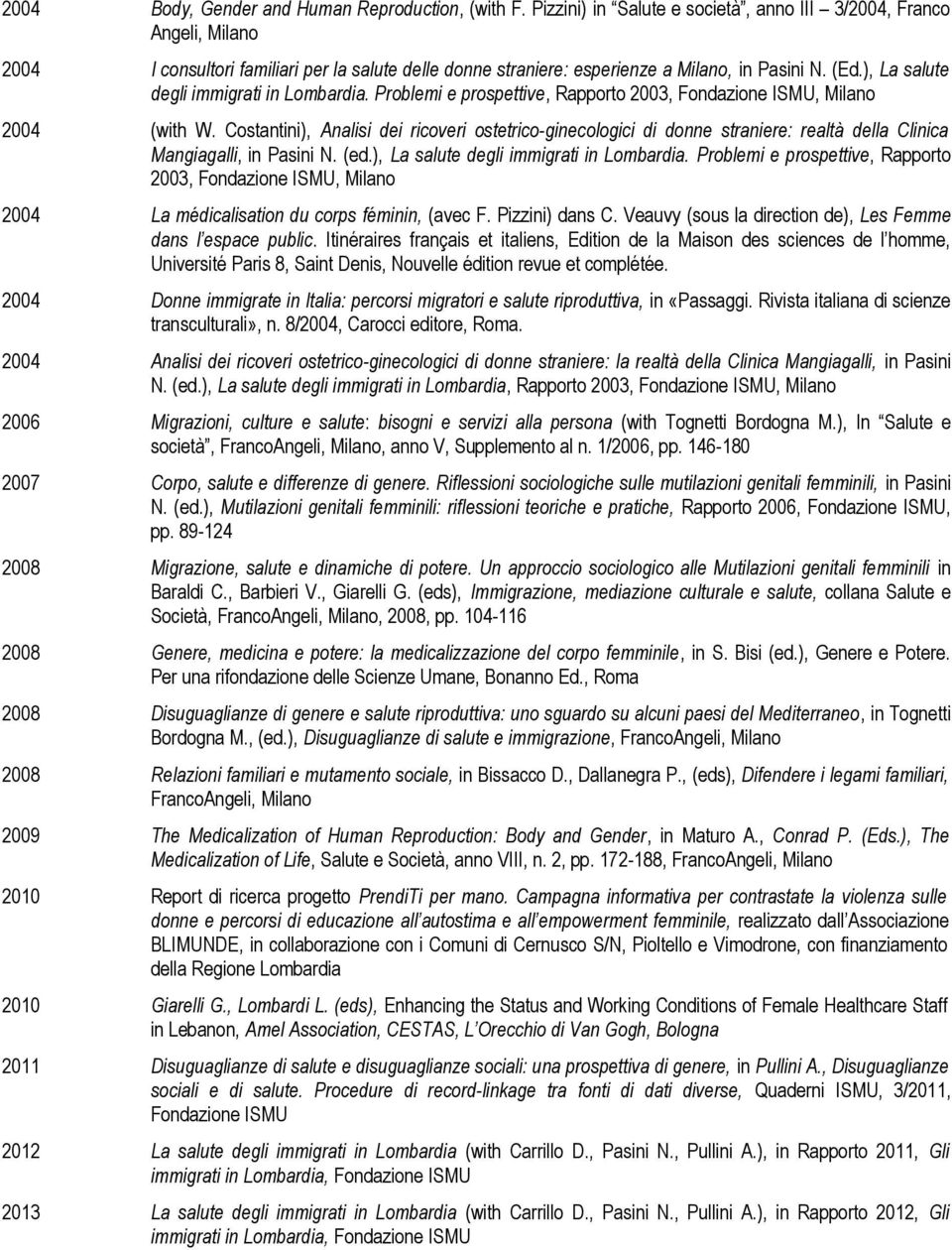 ), La salute degli immigrati in Lombardia. Problemi e prospettive, Rapporto 2003, Fondazione ISMU, Milano 2004 (with W.