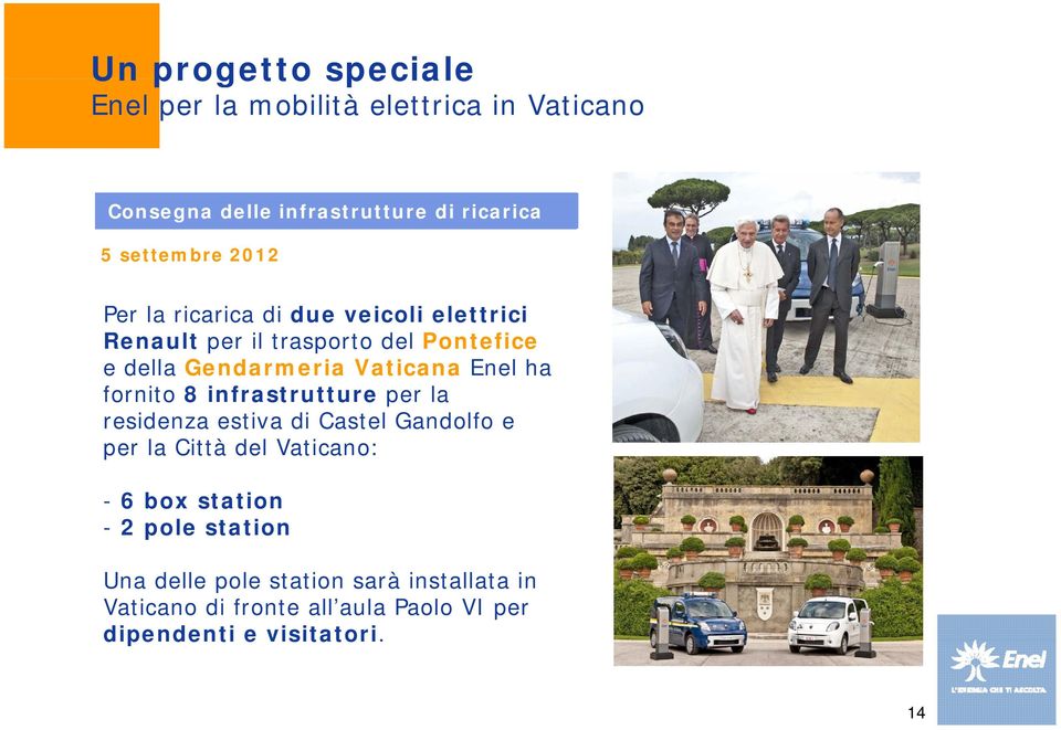 ha fornito 8 infrastrutture per la residenza estiva di Castel Gandolfo e per la Città del Vaticano: - 6 box station - 2