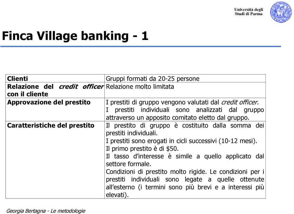 Caratteristiche del prestito Il prestito di gruppo è costituito dalla somma dei prestiti individuali. I prestiti sono erogati in cicli successivi (10-12 mesi). Il primo prestito è di $50.