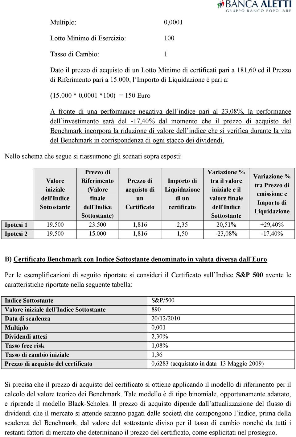 000 * 0,0001 *100) = 150 Euro A fronte di una performance negativa dell indice pari al 23,08%, la performance dell investimento sarà del -17,40% dal momento che il prezzo di acquisto del Benchmark