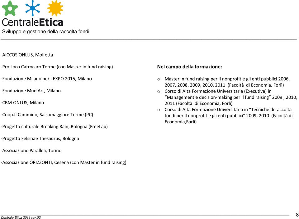 2009, 2010, 2011 (Facoltà di Economia, Forlì) o Corso di Alta Formazione Universitaria (Executive) in Management e decision-making per il fund raising 2009, 2010, 2011 (Facoltà di Economia, Forlì) o