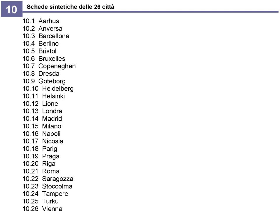 11 Helsinki 10.12 Lione 10.13 Londra 10.14 Madrid 10.15 Milano 10.16 Napoli 10.17 Nicosia 10.