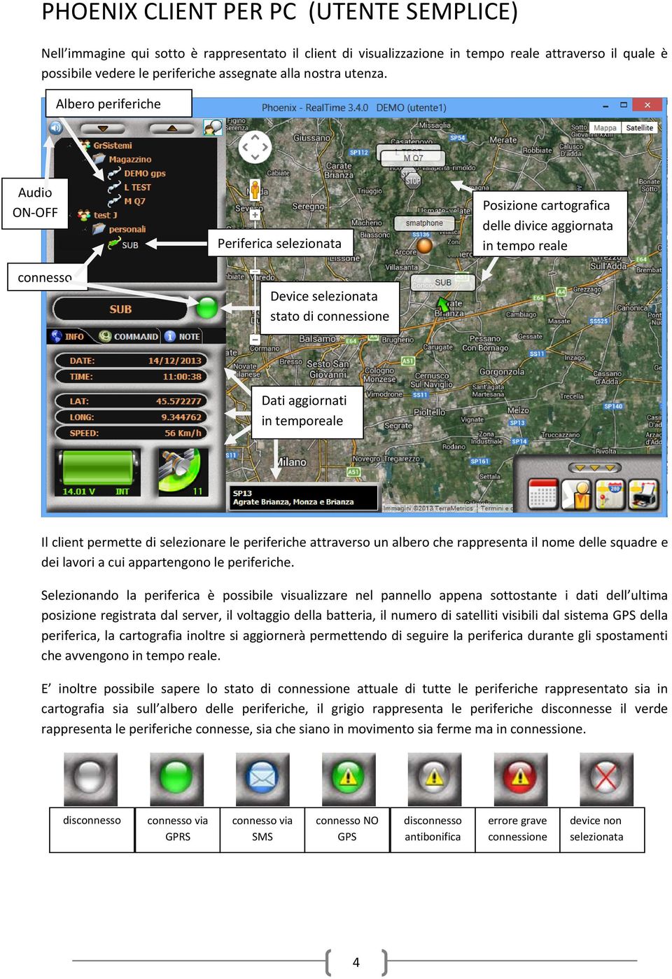 Albero periferiche Audio ON OFF Posizione cartografica delle divice aggiornata in tempo reale Periferica selezionata connesso Device selezionata stato di connessione Dati aggiornati in temporeale Il