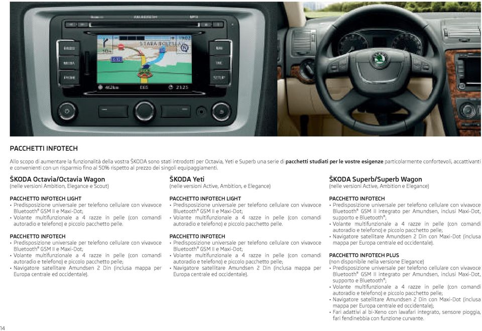 14 ŠKODA Octavia/Octavia Wagon (nelle versioni Ambition, Elegance e Scout) PACCHETTO INFOTECH LIGHT Predisposizione universale per telefono cellulare con vivavoce Bluetooth GSM II e Maxi-Dot; Volante