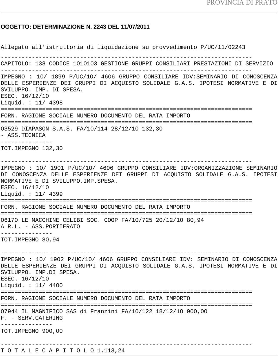 4606 GRUPPO CONSILIARE IDV:SEMINARIO DI CONOSCENZA DELLE ESPERIENZE DEI GRUPPI DI ACQUISTO SOLIDALE G.A.S. IPOTESI NORMATIVE E DI SVILUPPO. IMP. DI SPESA. ESEC. 16/12/10 Liquid. : 11/ 4398 FORN.