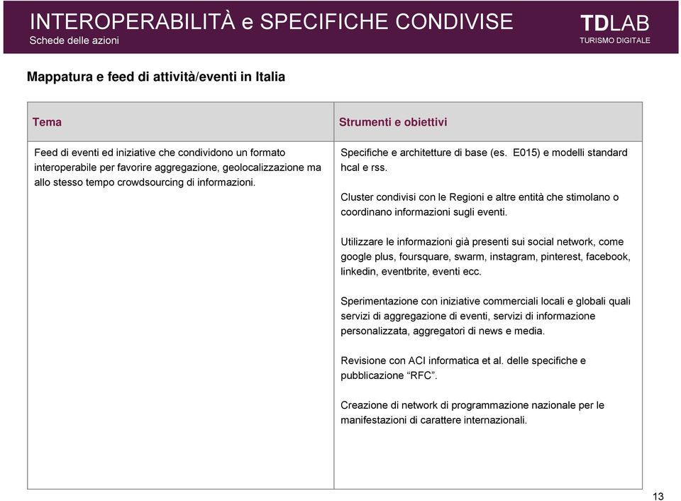 Cluster condivisi con le Regioni e altre entità che stimolano o coordinano informazioni sugli eventi.