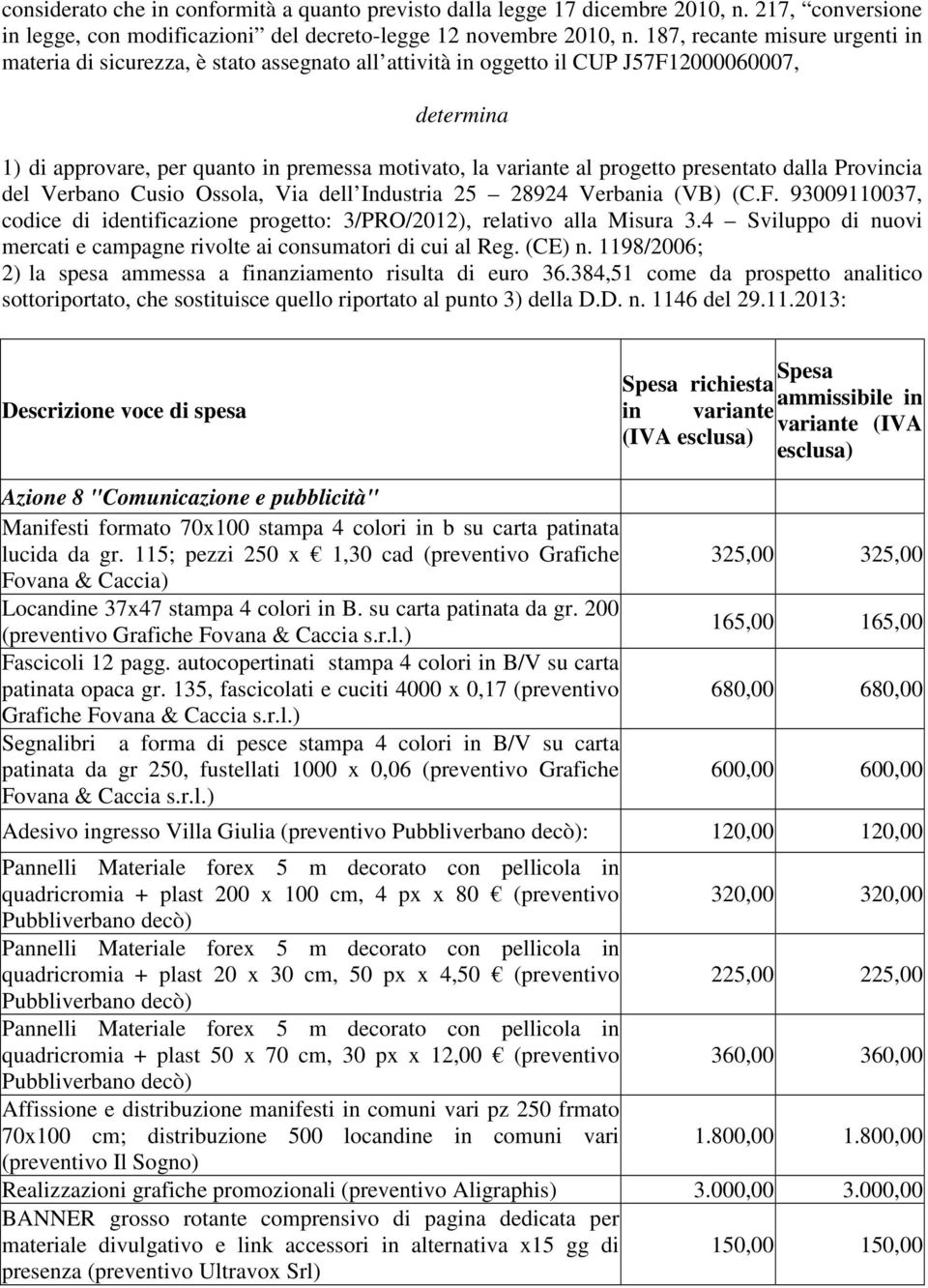 progetto presentato dalla Provincia del Verbano Cusio Ossola, Via dell Industria 25 28924 Verbania (VB) (C.F. 93009110037, codice di identificazione progetto: 3/PRO/2012), relativo alla Misura 3.