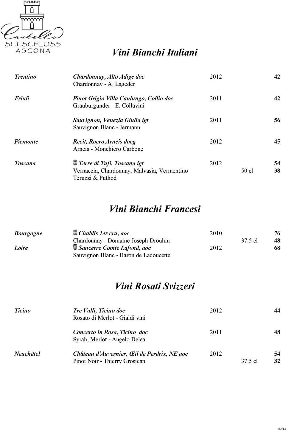 Chardonnay, Malvasia, Vermentino 50 cl 38 Teruzzi & Puthod Vini Bianchi Francesi Bourgogne Chablis 1er cru, aoc 2010 76 Chardonnay - Domaine Joseph Drouhin 37.