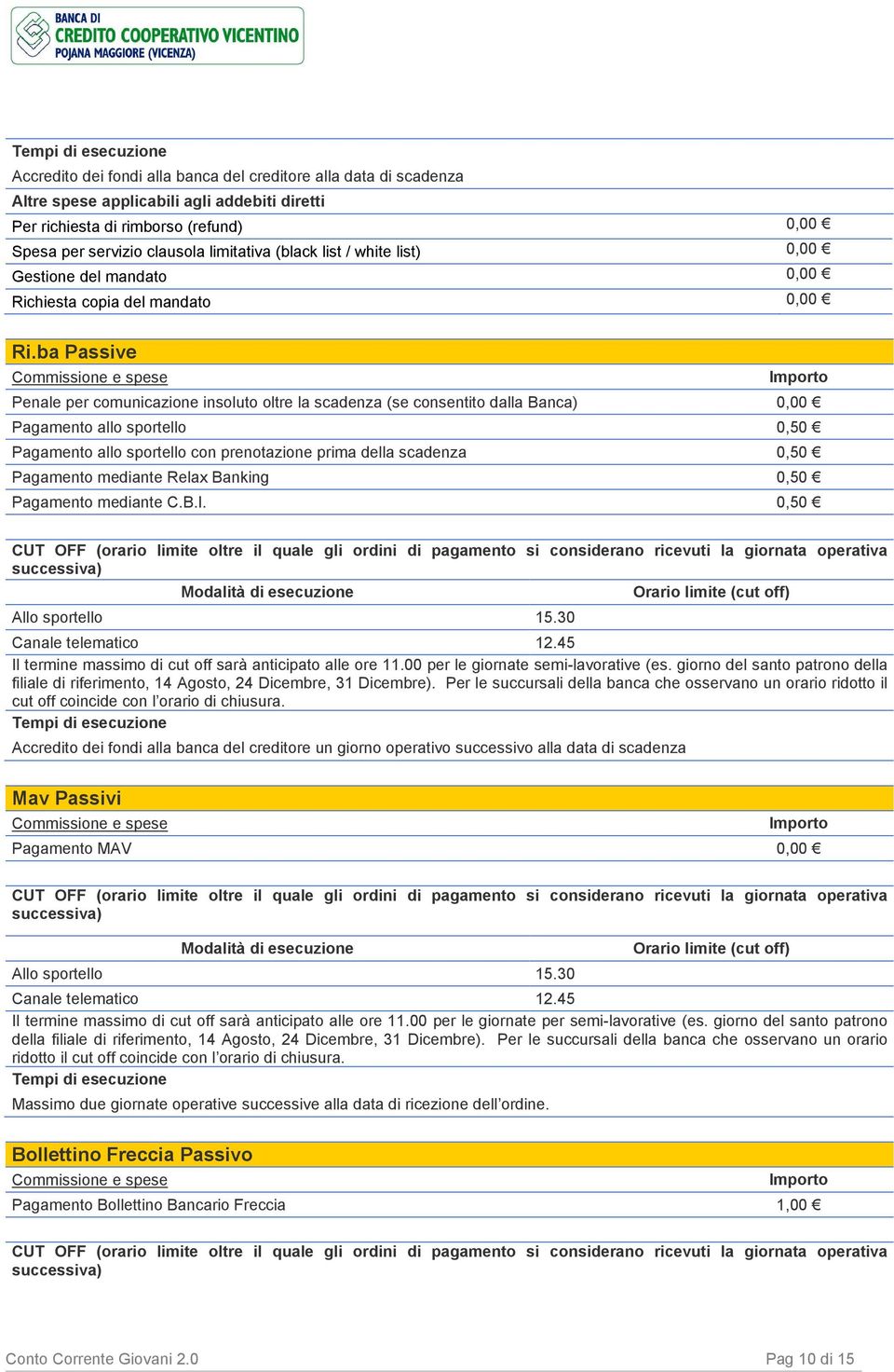 ba Passive Commissione e spese Importo Penale per comunicazione insoluto oltre la scadenza (se consentito dalla Banca) 0,00 Pagamento allo sportello 0,50 Pagamento allo sportello con prenotazione