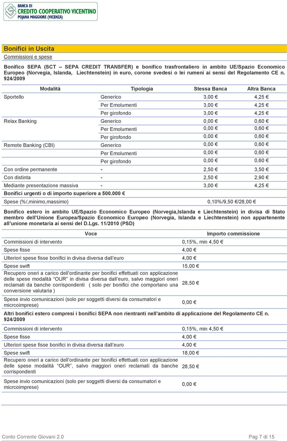 924/2009 Modalità Tipologia Stessa Banca Altra Banca Sportello Generico 3,00 4,25 Per Emolumenti 3,00 4,25 Per girofondo 3,00 4,25 Relax Banking Generico 0,00 0,60 Per Emolumenti 0,00 0,60 Per