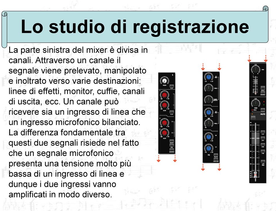 cuffie, canali di uscita, ecc. Un canale può ricevere sia un ingresso di linea che un ingresso microfonico bilanciato.