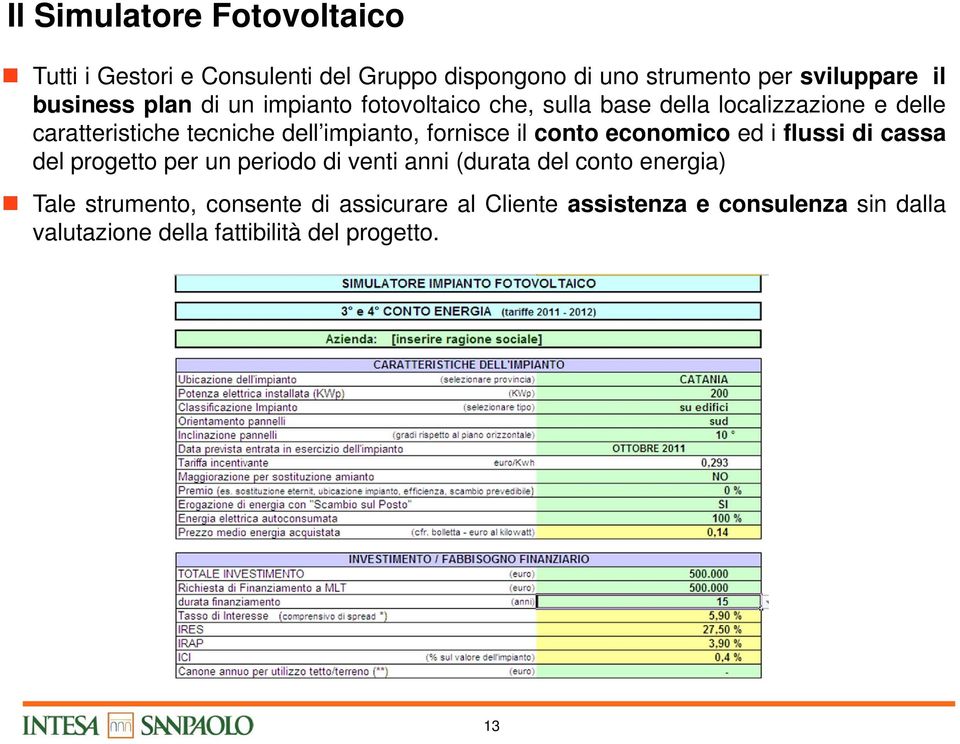 fornisce il conto economico ed i flussi di cassa del progetto per un periodo di venti anni (durata del conto energia)