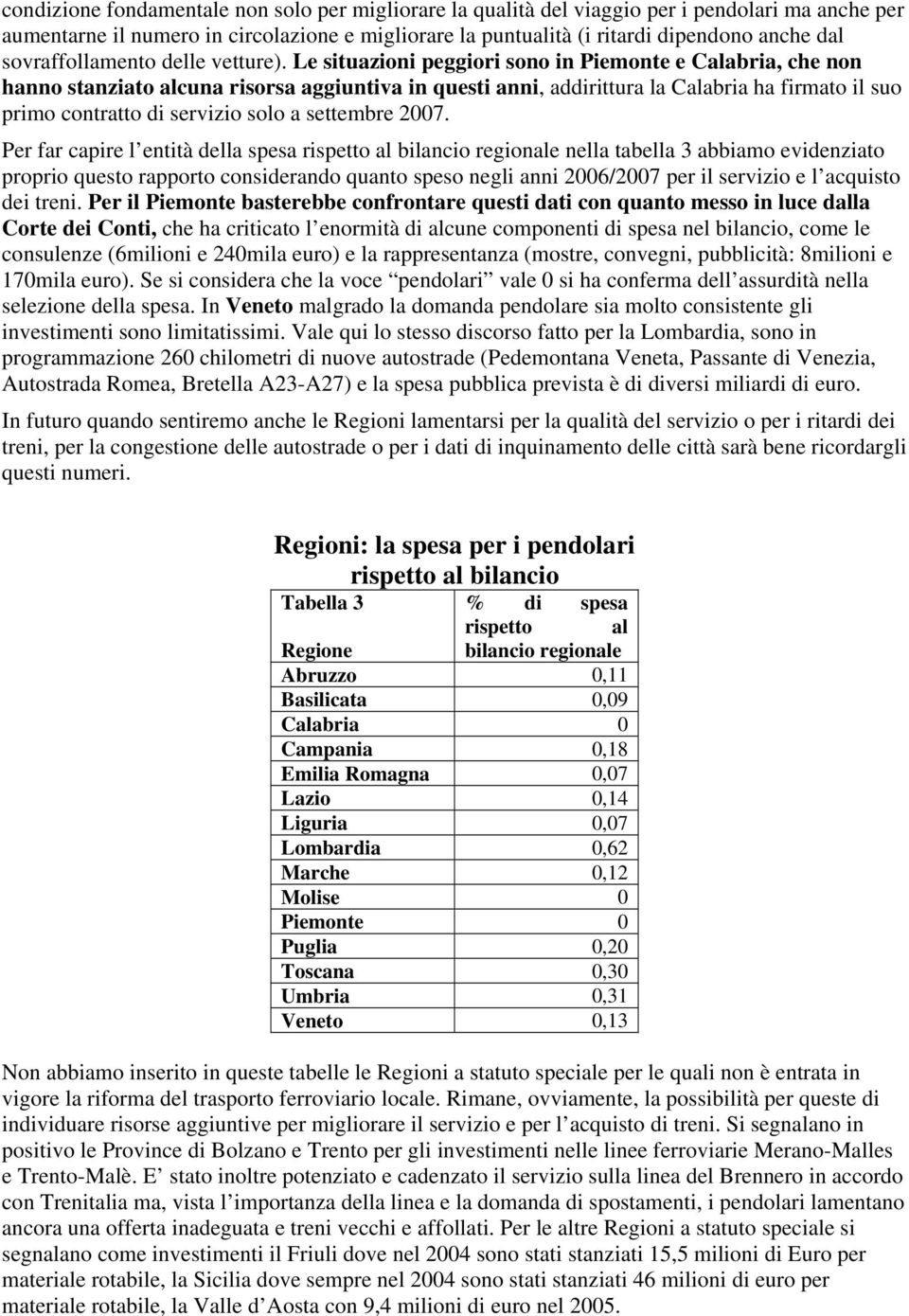 Le situazioni peggiori sono in Piemonte e Calabria, che non hanno stanziato alcuna risorsa aggiuntiva in questi anni, addirittura la Calabria ha firmato il suo primo contratto di servizio solo a