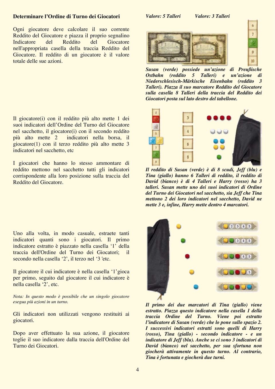 Susan (verde) possiede un azione di Preußische Ostbahn (reddito 5 Talleri) e un azione di Niederschlesisch-Märkische Eisenbahn (reddito 3 Talleri).