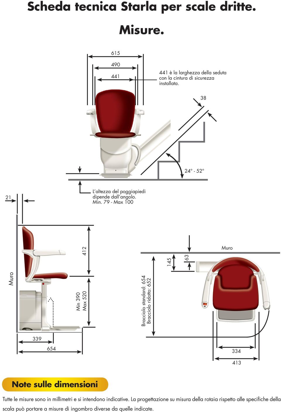 38 24-52 21 L altezza del poggiapiedi dipende dall angolo. Min.