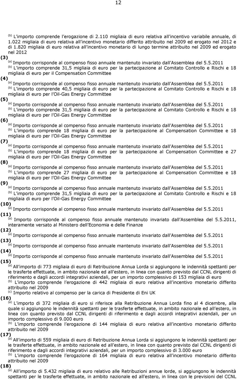 820 migliaia di euro relativa all incentivo monetario di lungo termine attribuito nel 2009 ed erogato nel 2012 (3) (a) Importo corrisponde al compenso fisso annuale mantenuto invariato dall Assemblea