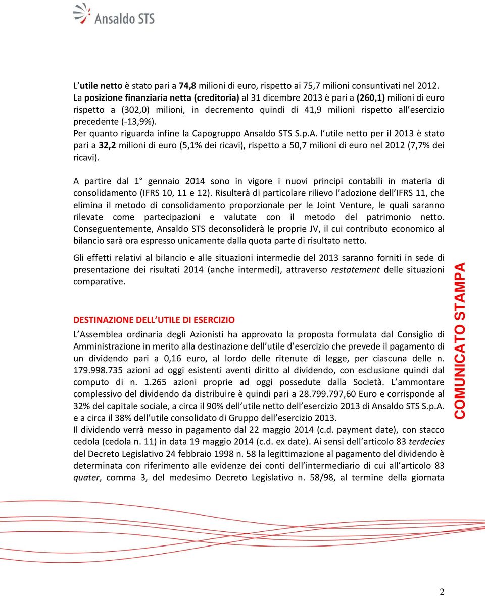 (-13,9%). Per quanto riguarda infine la Capogruppo Ansaldo STS S.p.A. l utile netto per il 2013 è stato pari a 32,2 milioni di euro (5,1% dei ricavi), rispetto a 50,7 milioni di euro nel 2012 (7,7% dei ricavi).