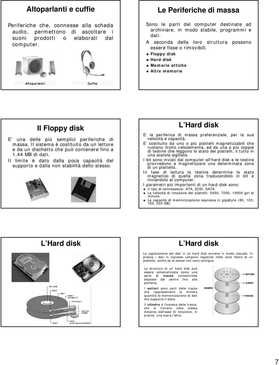 Floppy disk Hard disk Memorie ottiche Altre memorie Altoparlanti Cuffie Il Floppy disk E una delle più semplici periferiche di massa.