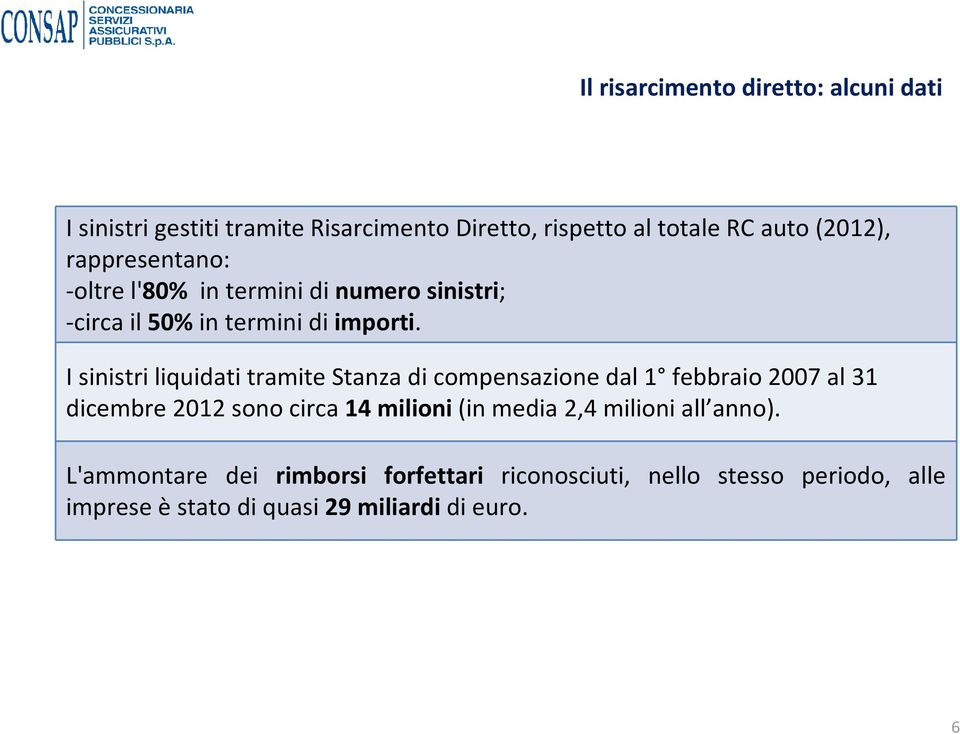 I sinistri liquidati tramite Stanza di compensazione dal 1 febbraio 2007 al 31 dicembre 2012 sono circa 14 milioni (in