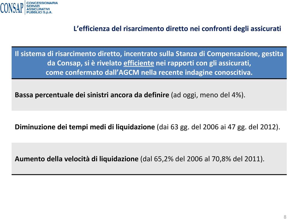 recente indagine conoscitiva. Bassa percentuale dei sinistri ancora da definire (ad oggi, meno del 4%).