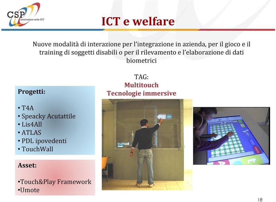 di dati biometrici Progetti: TAG: Multitouch Tecnologie immersive T4A Speacky