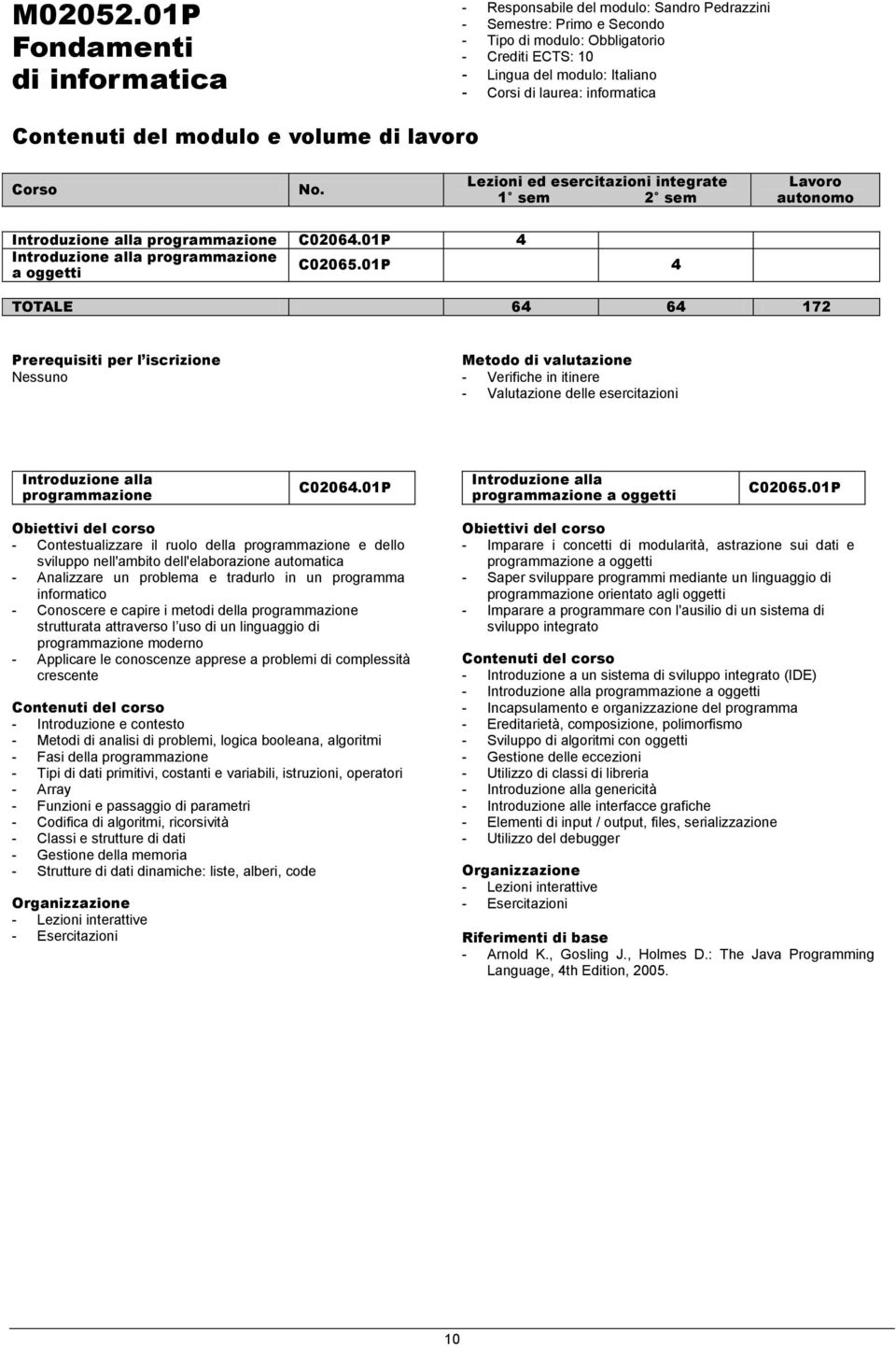 01P 4 a oggetti TOTALE 64 64 172 Nessuno Metodo di valutazione - Verifiche in itinere - Valutazione delle esercitazioni Introduzione alla programmazione C02064.